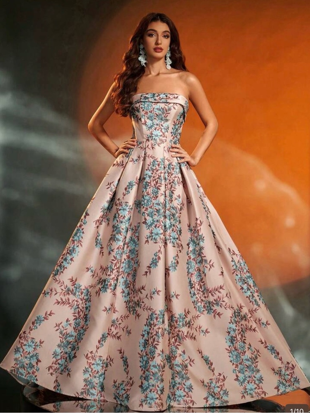 Strapless Pink Floral Ball Gown Dress
